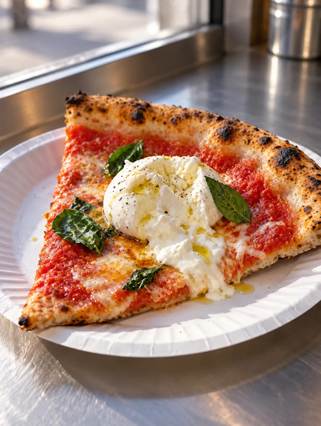 A pizza slice topped with a torn ball of white burrata melting into red sauce, the cheese cool against the hot crust