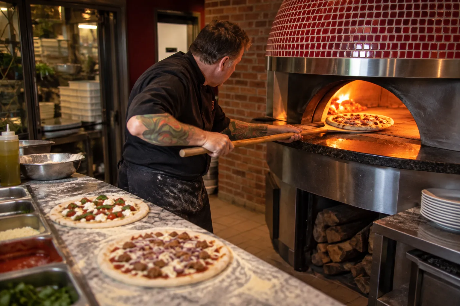 A pizzaiolo sliding a peel into a deck oven, a row of half-finished pies on the marble bench beside him