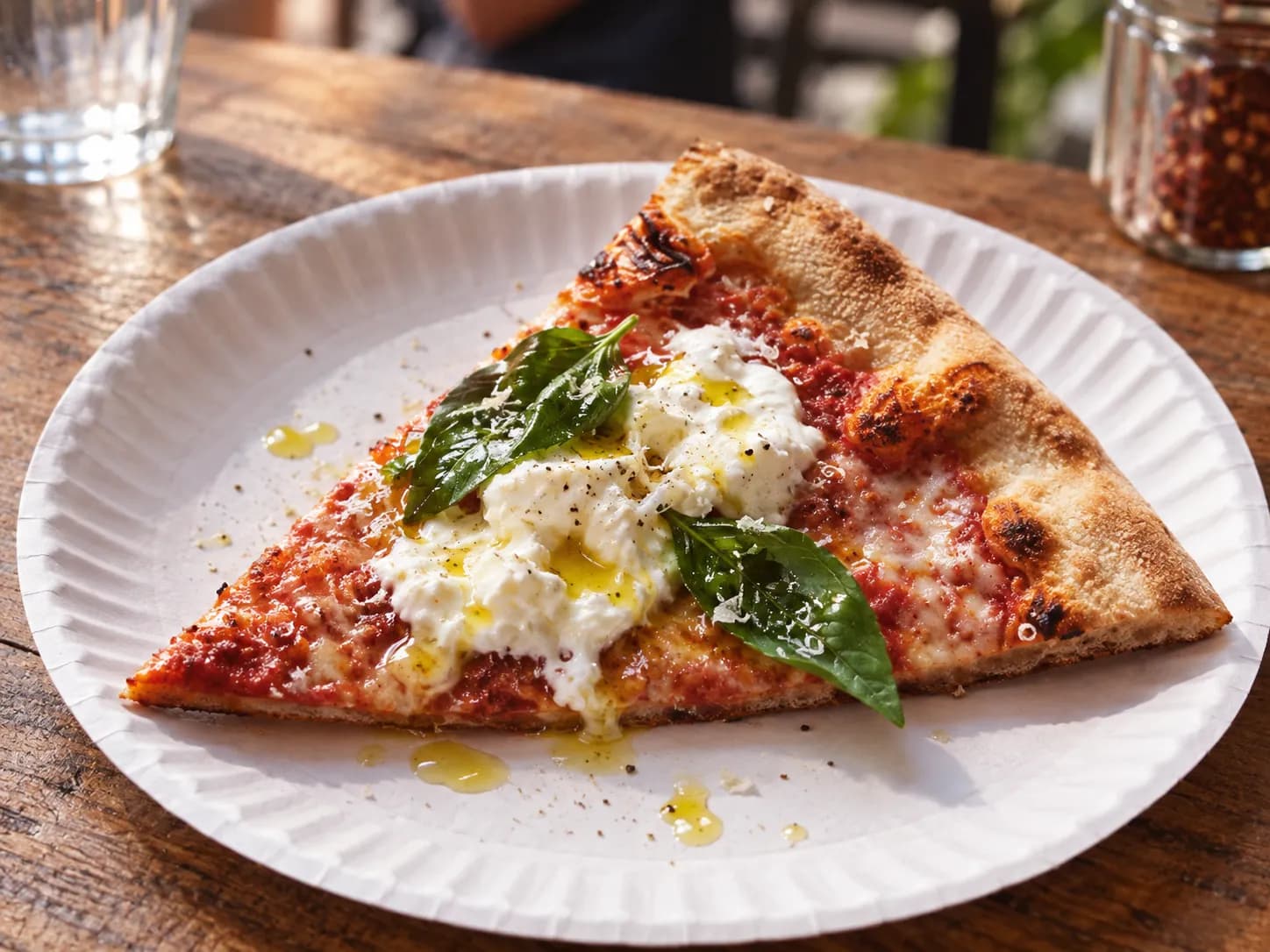 A burrata-topped pizza slice on a paper plate with torn basil and a drizzle of olive oil, crust edge blistered and thin