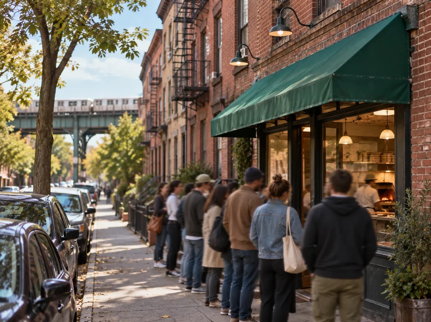 A quiet Brooklyn side street of low brick buildings with a small pizzeria awning and a queue of people waiting along the kerb