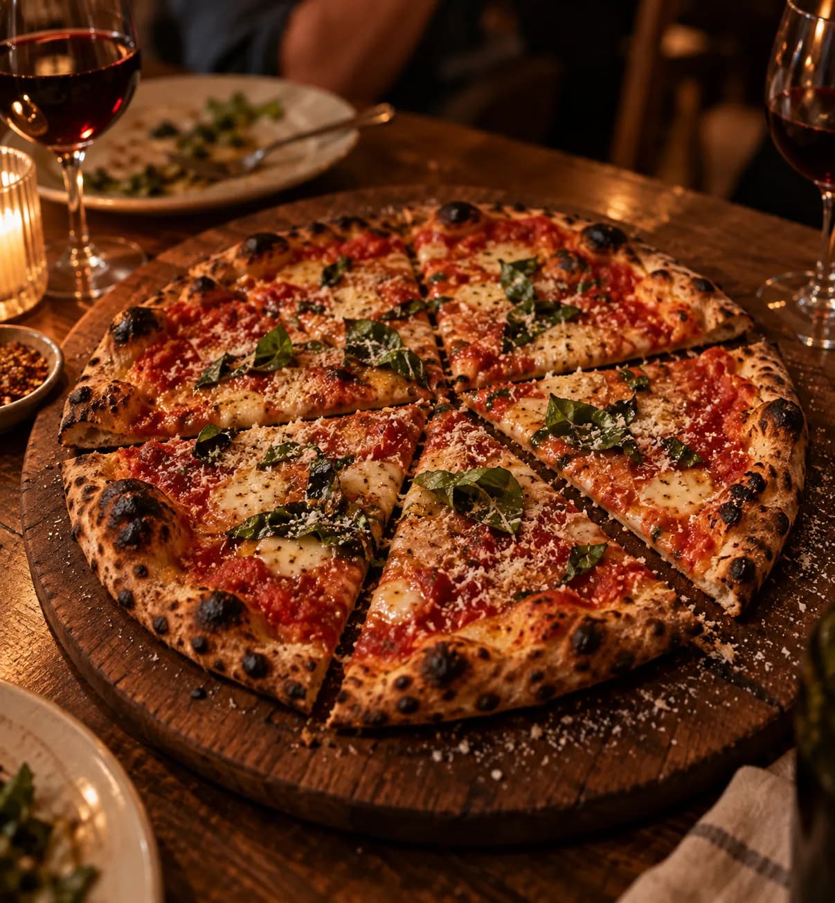 A thin-crust pizza on a wooden board cut into wedges, edges blistered and charred, with basil leaves and a light scatter of grated cheese