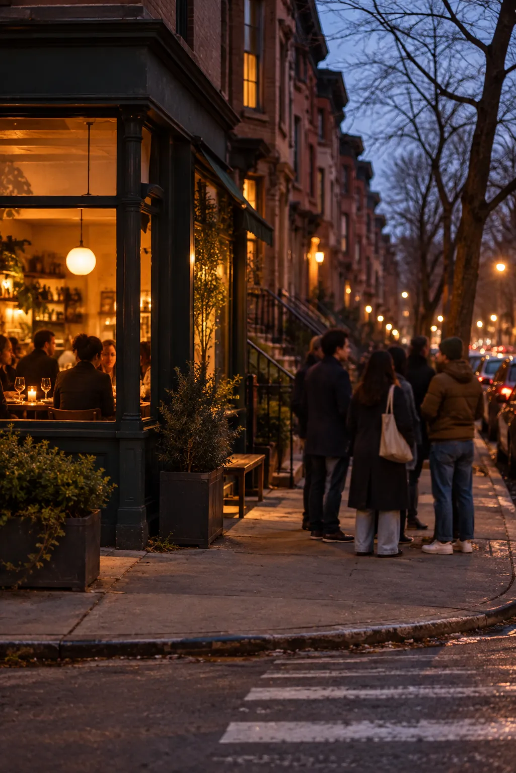 A quiet residential Brooklyn street at dusk with brownstone stoops, bare trees and warm light spilling from a small corner restaurant window