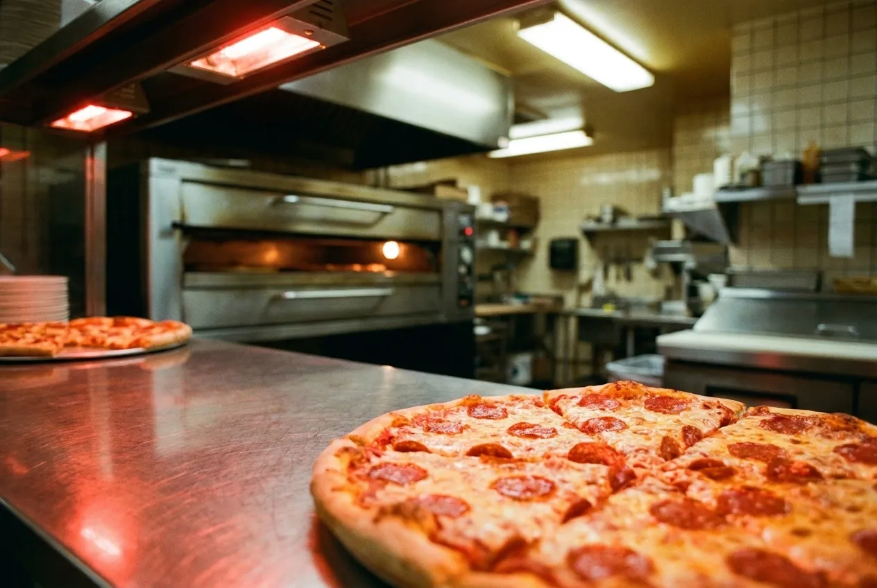 Pizza slices under heat lamps at a late night counter in New York