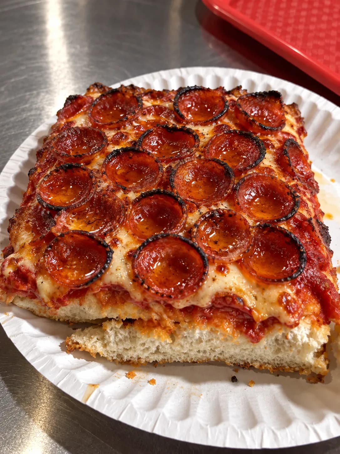 A thick square slice of Sicilian pizza covered in small cupped pepperoni discs with crisp charred edges, on a paper plate