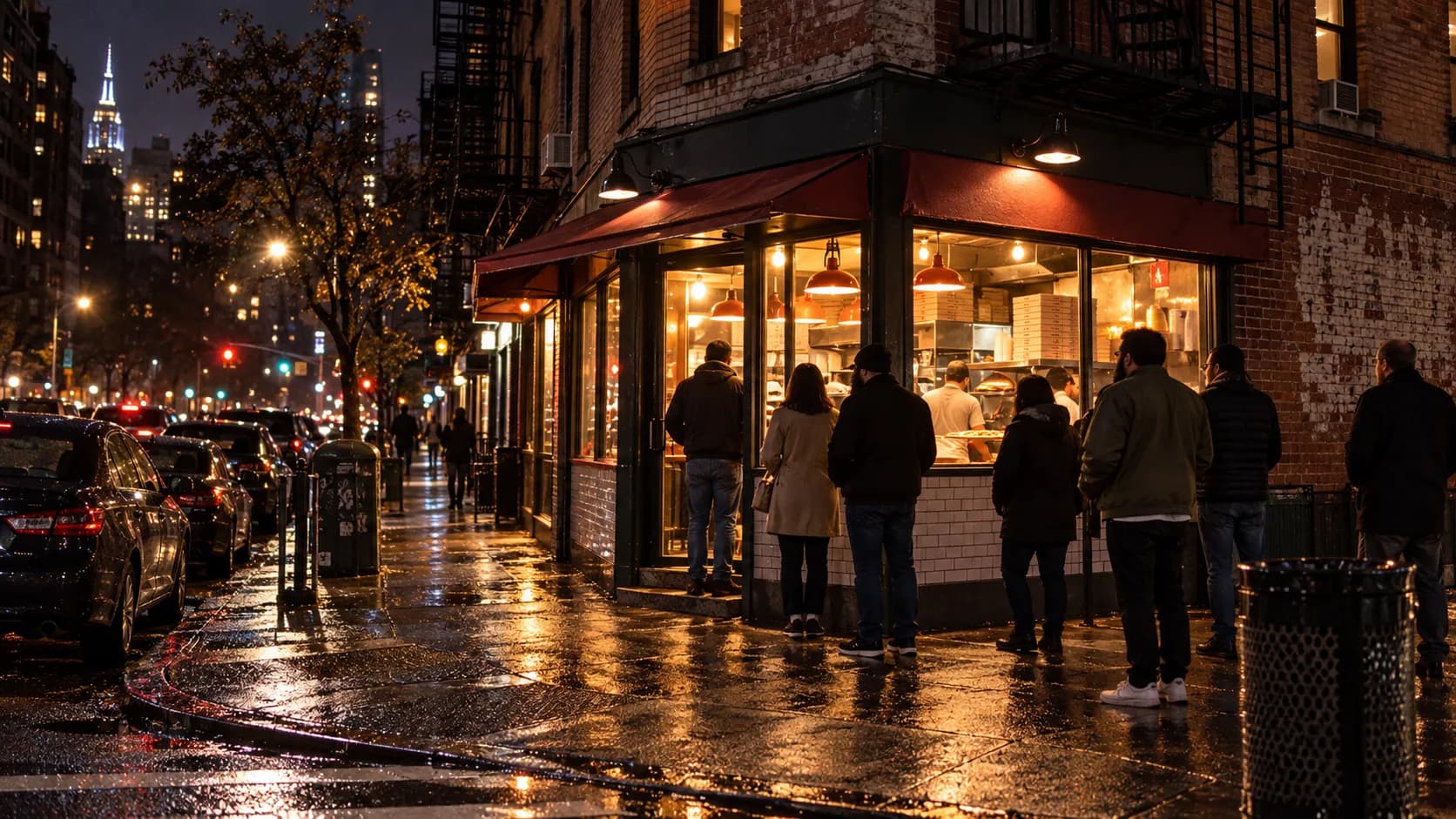 A queue of people along a narrow sidewalk outside a small corner pizza shop at night, lit by the shop window