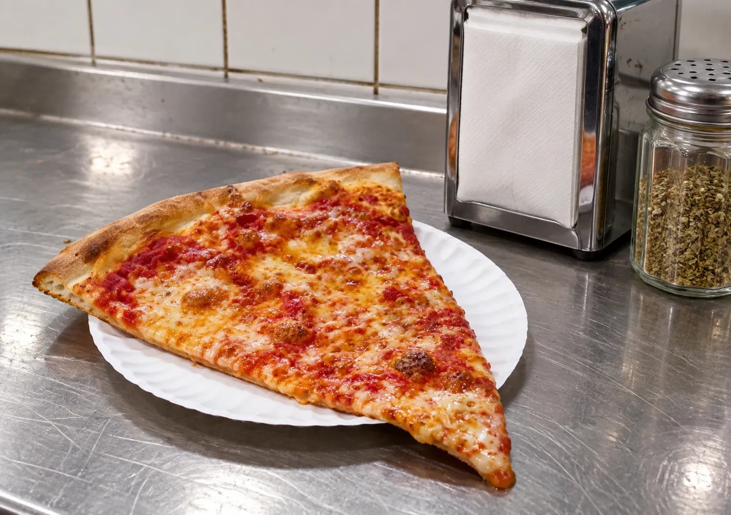 A plain cheese slice on a paper plate held at an angle, cheese blistered and the tip folded, on a counter beside a napkin dispenser