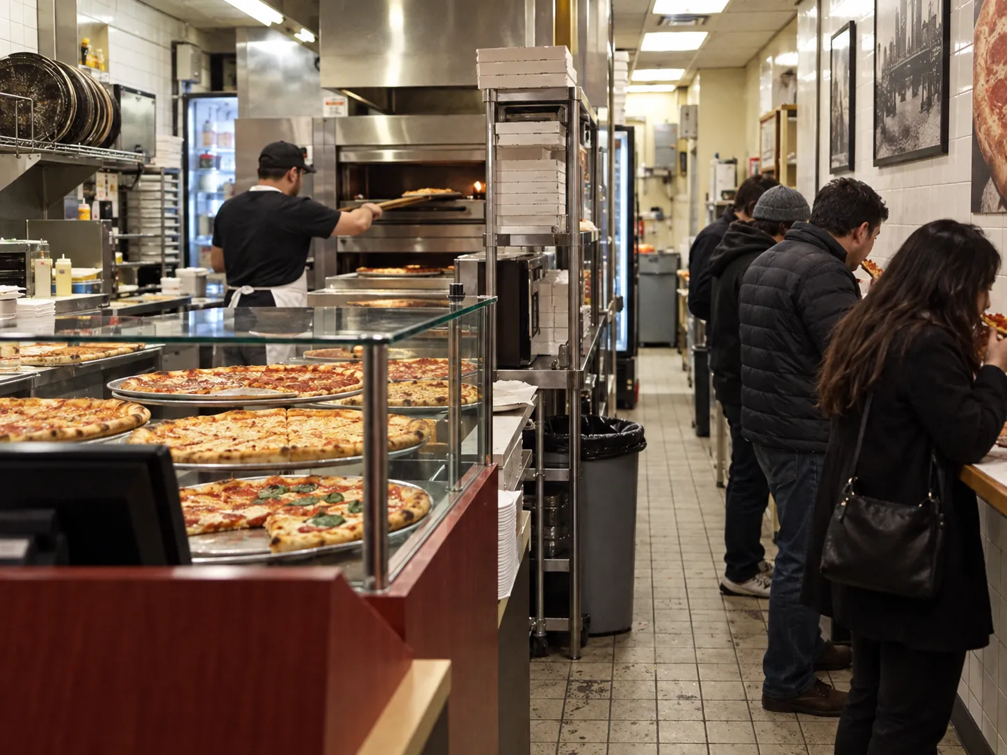 A narrow standing-room pizza counter with a warming shelf of pies behind glass and people eating at a wall ledge