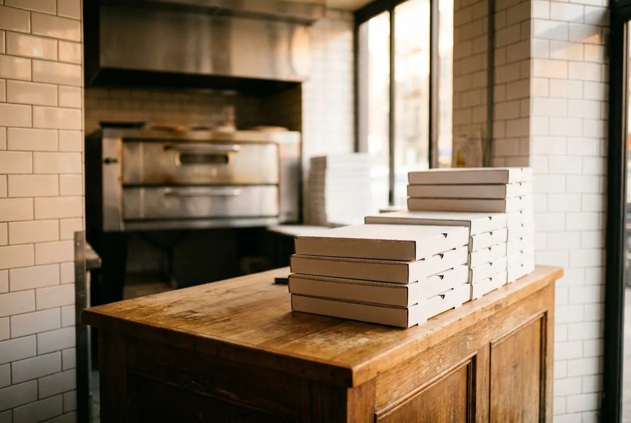 Stacked pizza boxes on a New York pizzeria counter ready for pickup
