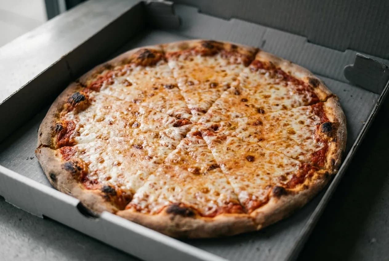 Overhead view of a whole New York style pizza in an open box