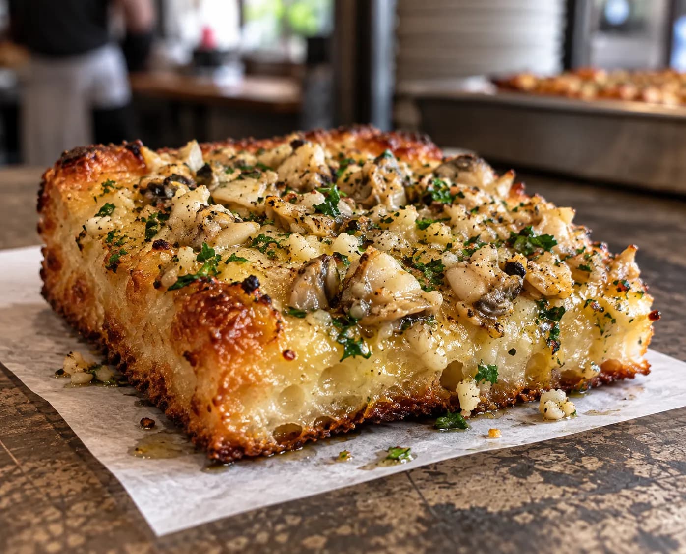 A thick square focaccia-style pizza slice with a golden fried base and clam-and-garlic topping, served on a small square of paper