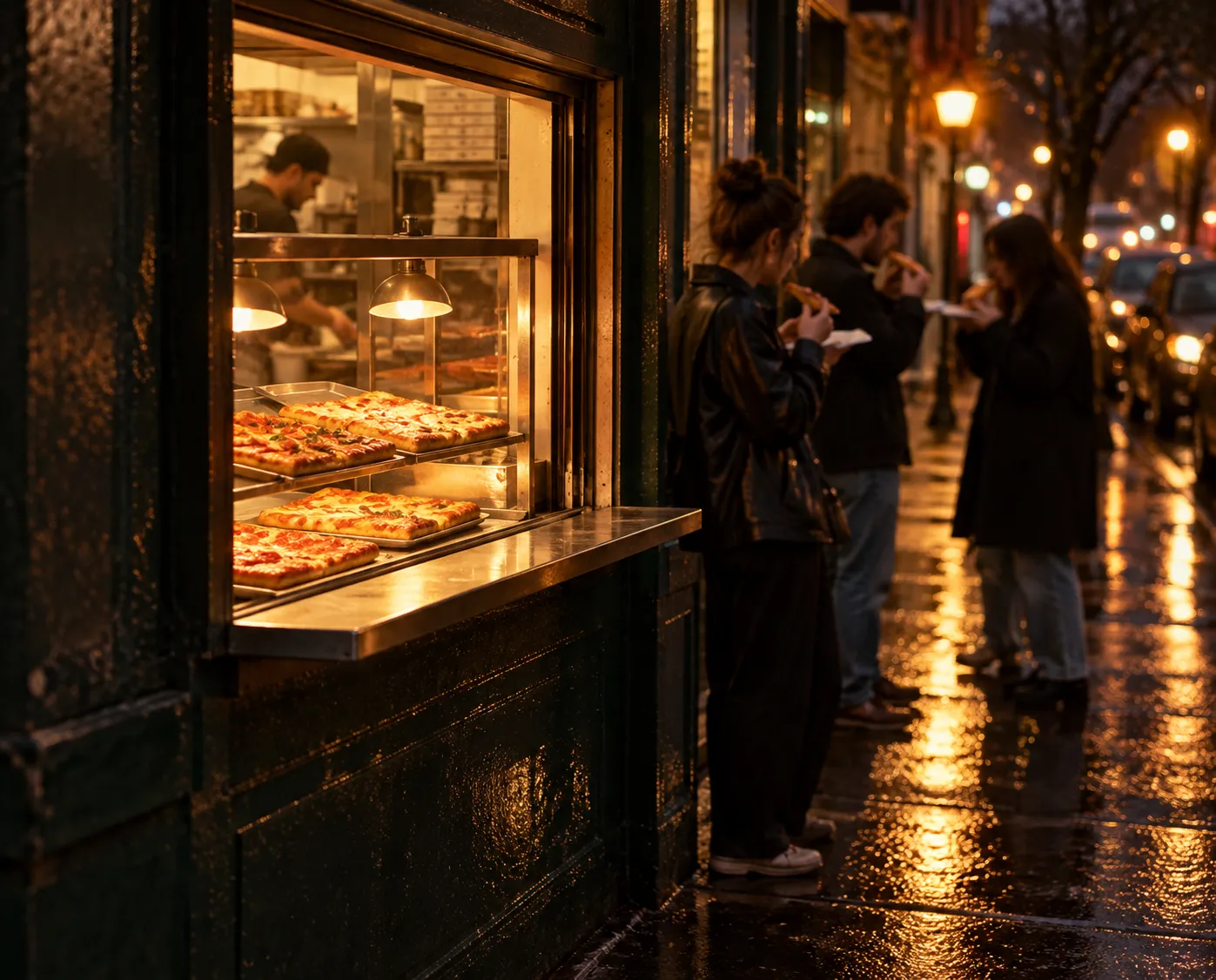 A narrow North Beach pizza window at night with slices in a warming case and people eating standing on the pavement outside