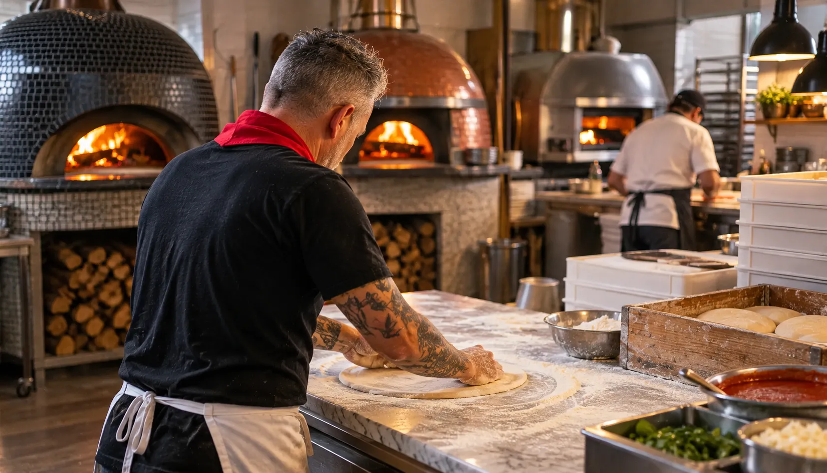 A pizzeria kitchen with multiple ovens along the back wall and a pizzaiolo stretching dough on a flour-dusted marble bench