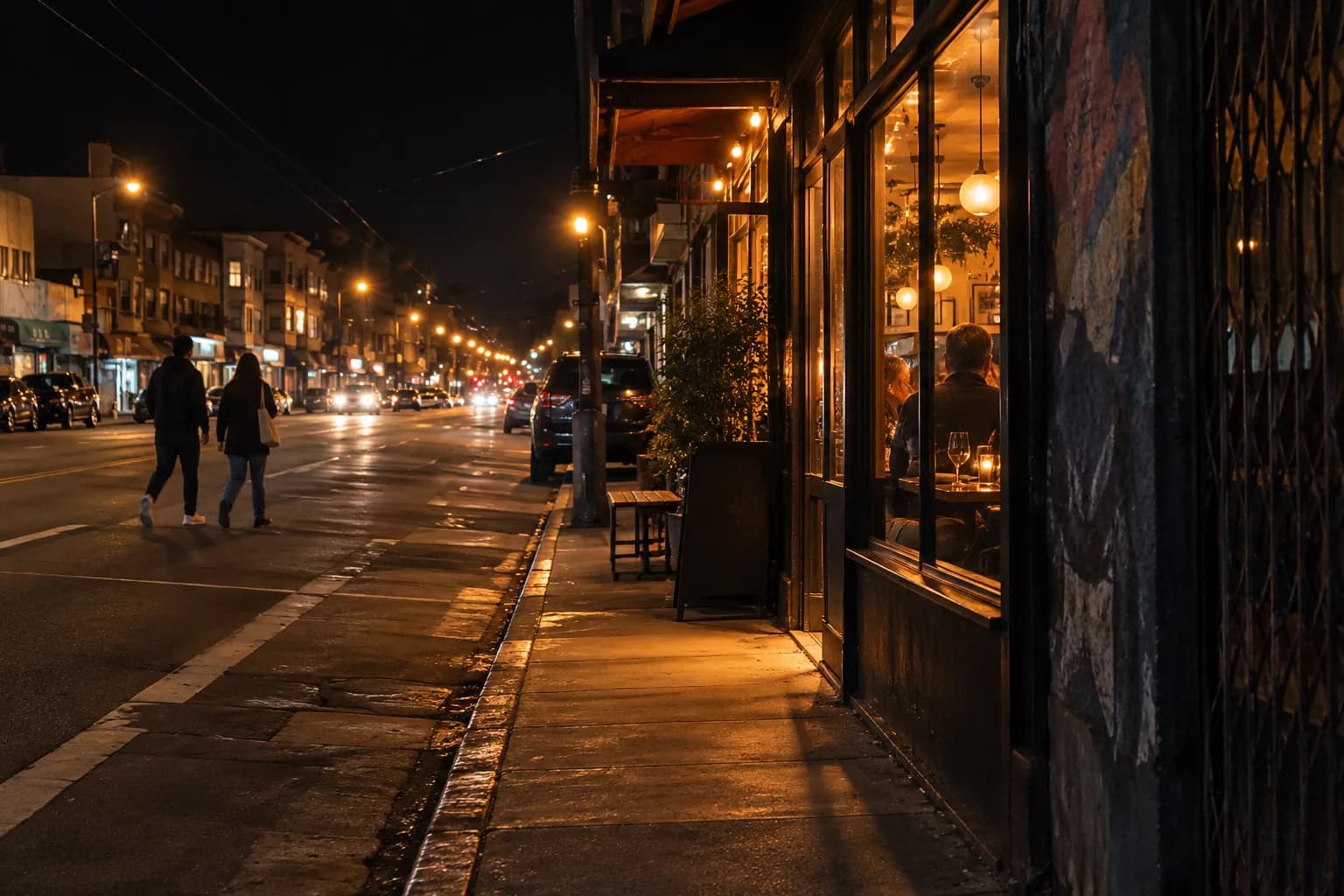 A Mission District street at night, low mixed-use buildings and a painted wall in shadow, one restaurant frontage throwing warm light on the kerb