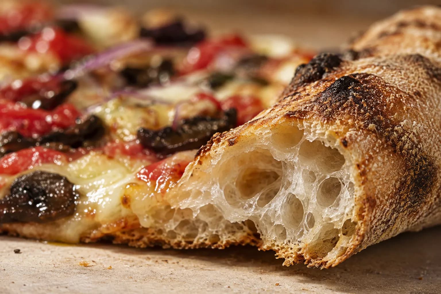 An extreme close-up of a torn pizza rim showing an open airy crumb and dark blistered skin, the rest of the pie out of focus behind