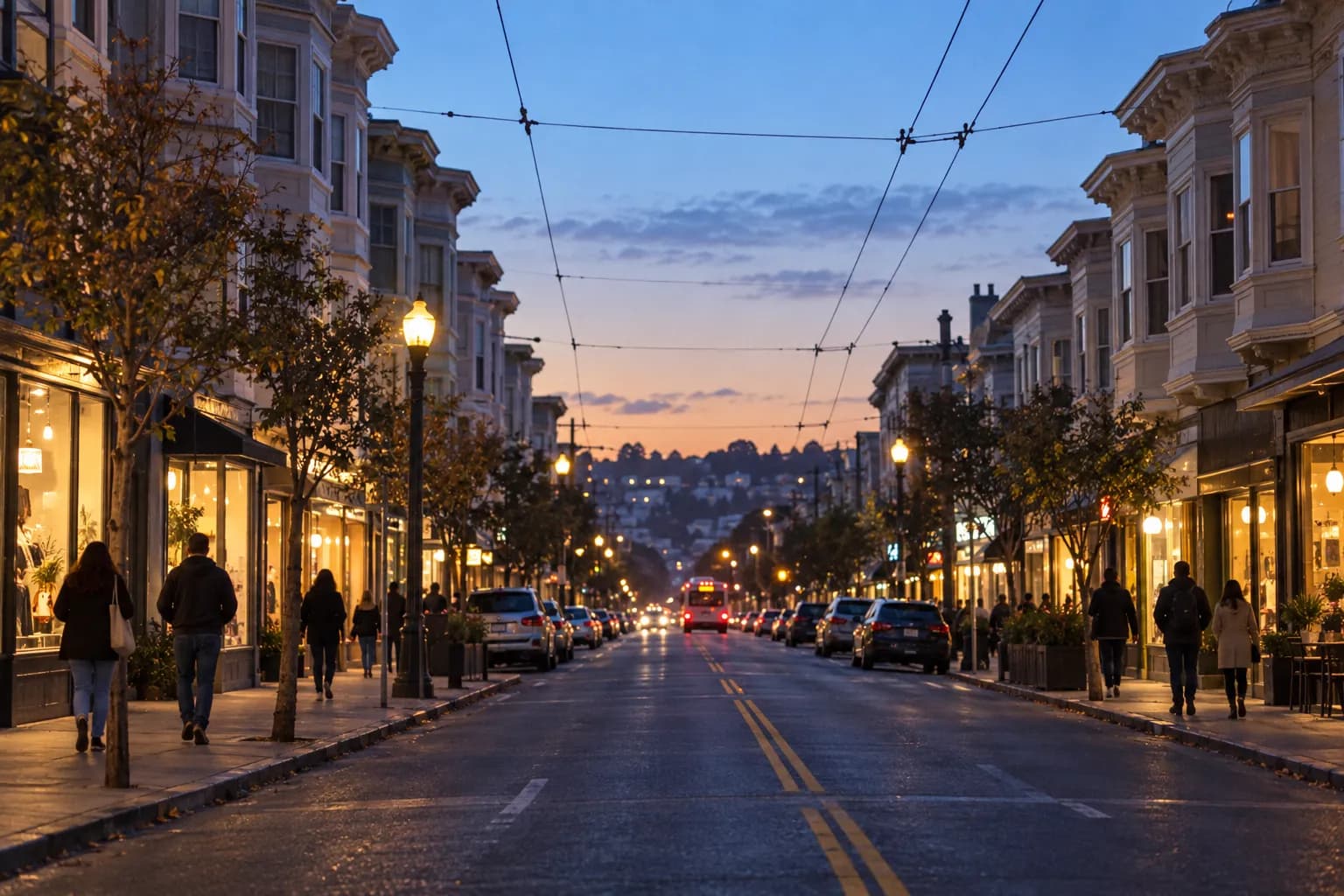 A flat straight San Francisco commercial street at last light, Victorian facades above lit shopfronts and trolley wires overhead
