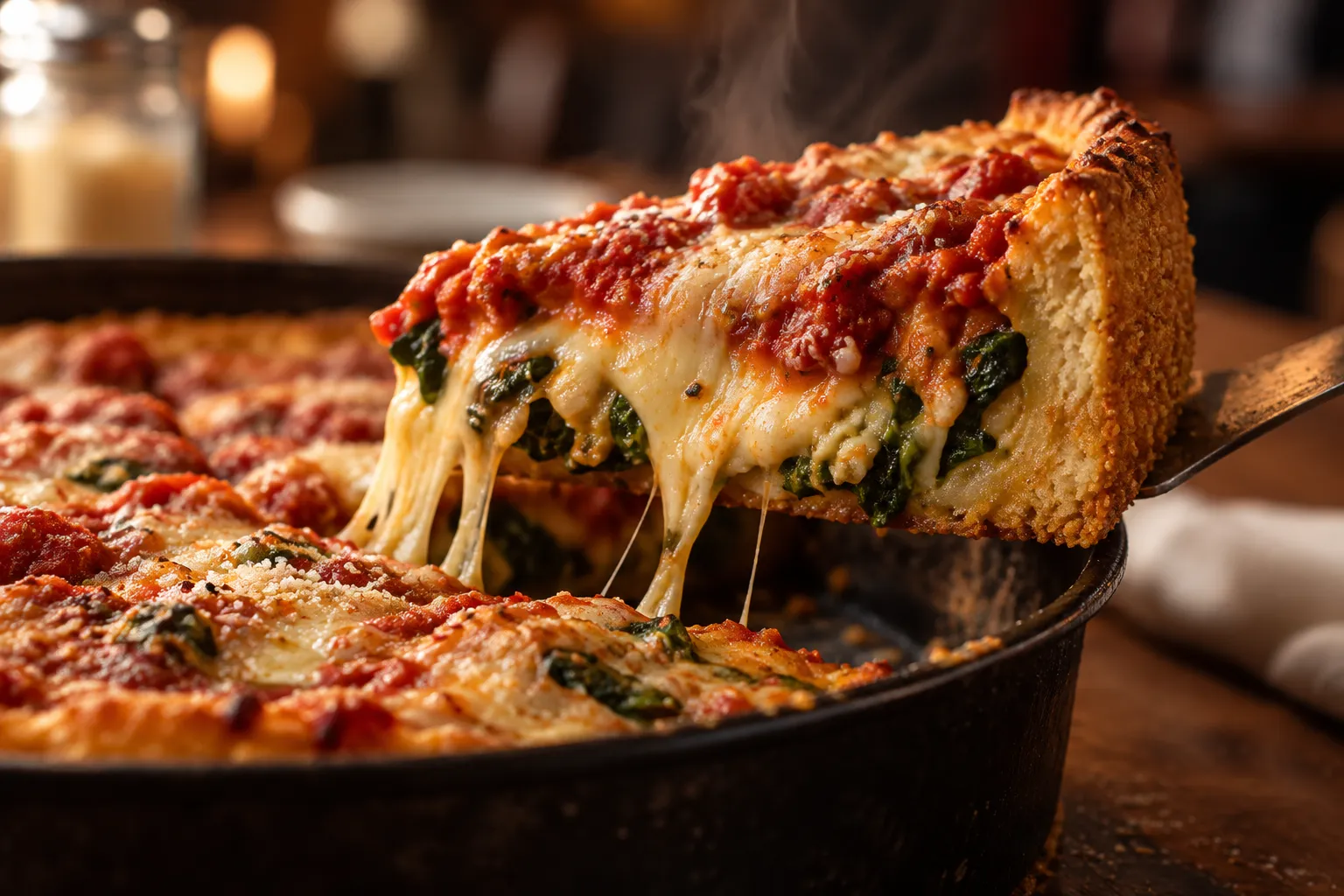 A wedge of deep dish pizza lifted from a black steel pan, its cut face showing a coarse golden crust wall under dense cheese and tomato