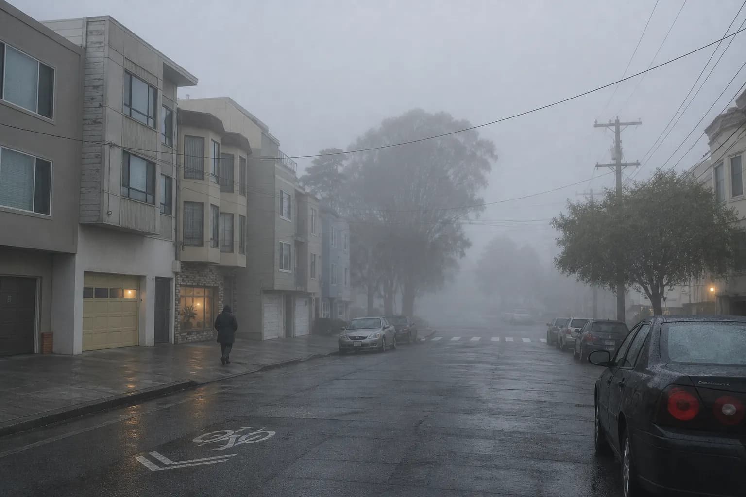 A quiet San Francisco corner in heavy fog, bay-windowed buildings fading into grey and one warmly lit ground-floor window glowing through it