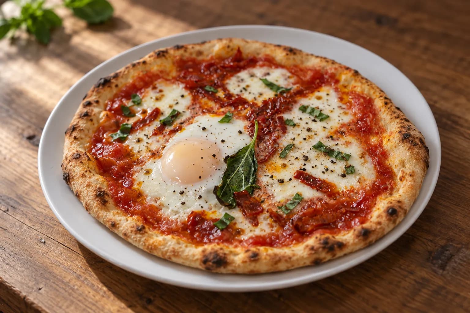 A very small thin pizza on a white plate with a whole egg yolk at its centre, green herb and cracked pepper, in soft window light