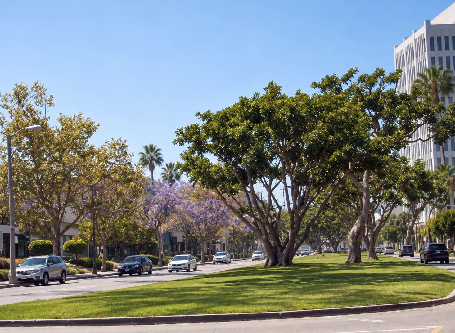Wide boulevard with a broad grassed median planted with mature spreading trees and low commercial buildings set back either side in bright afternoon light
