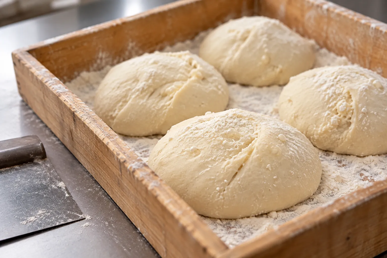 Pale proved pizza dough balls resting slack and domed in a floured wooden proofing tray with visible surface bubbles, beside a metal scraper