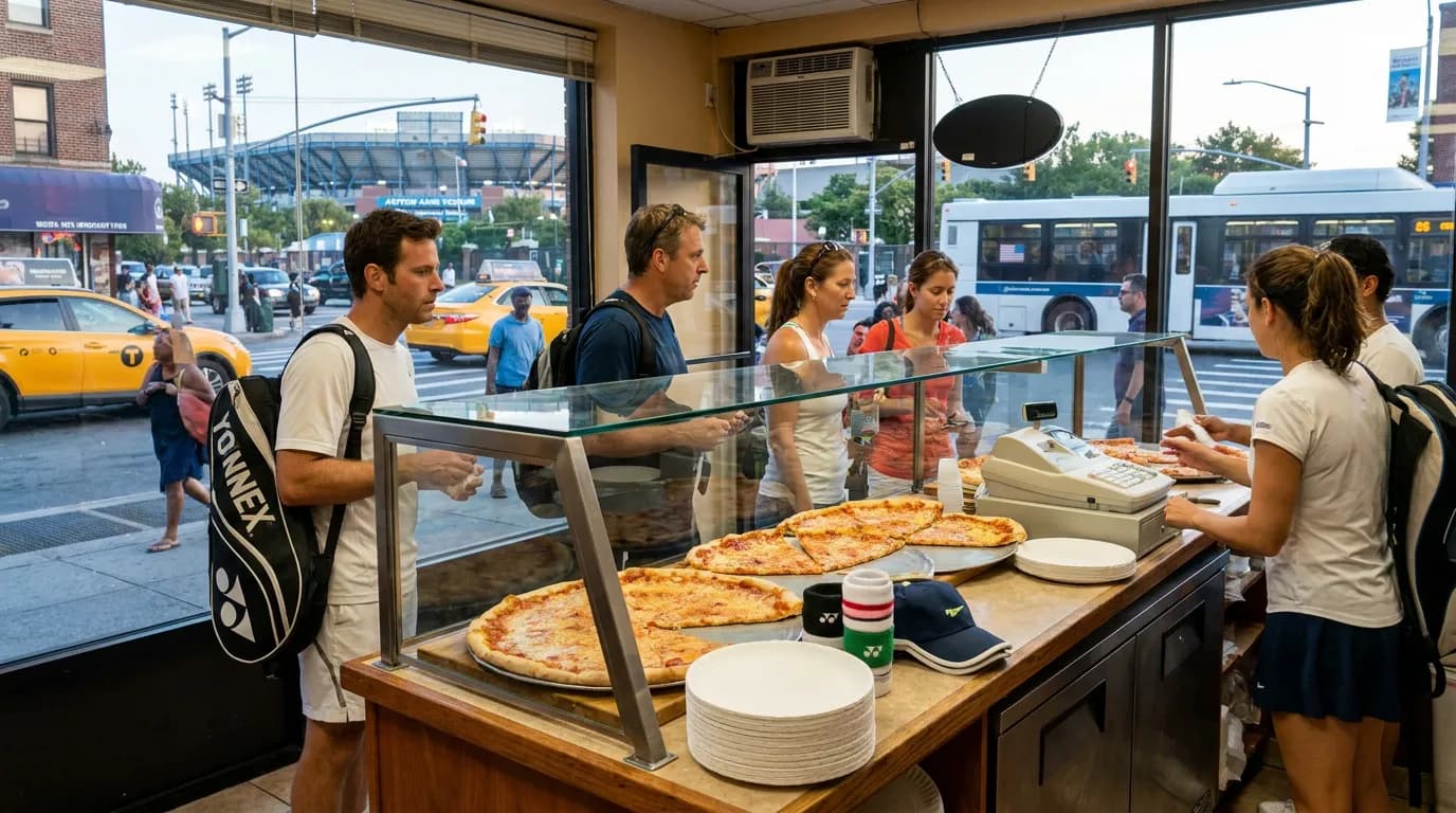 Photorealistic US Open tennis scene for Pizza Near Flushing Meadows for Late Tennis Nights.