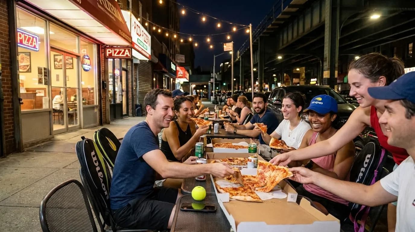 Photorealistic tennis scene illustrating Pizza Near Flushing Meadows for Late Tennis Nights.