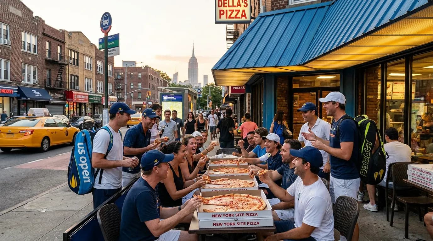 Bright US Open tennis atmosphere illustrating Pizza Near Flushing Meadows for Late Tennis Nights.