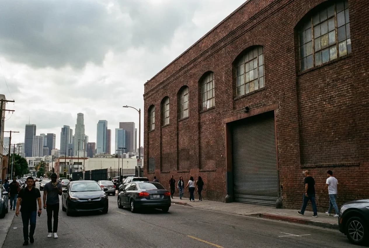 A brick warehouse frontage in downtown Los Angeles with a loading door and high windows