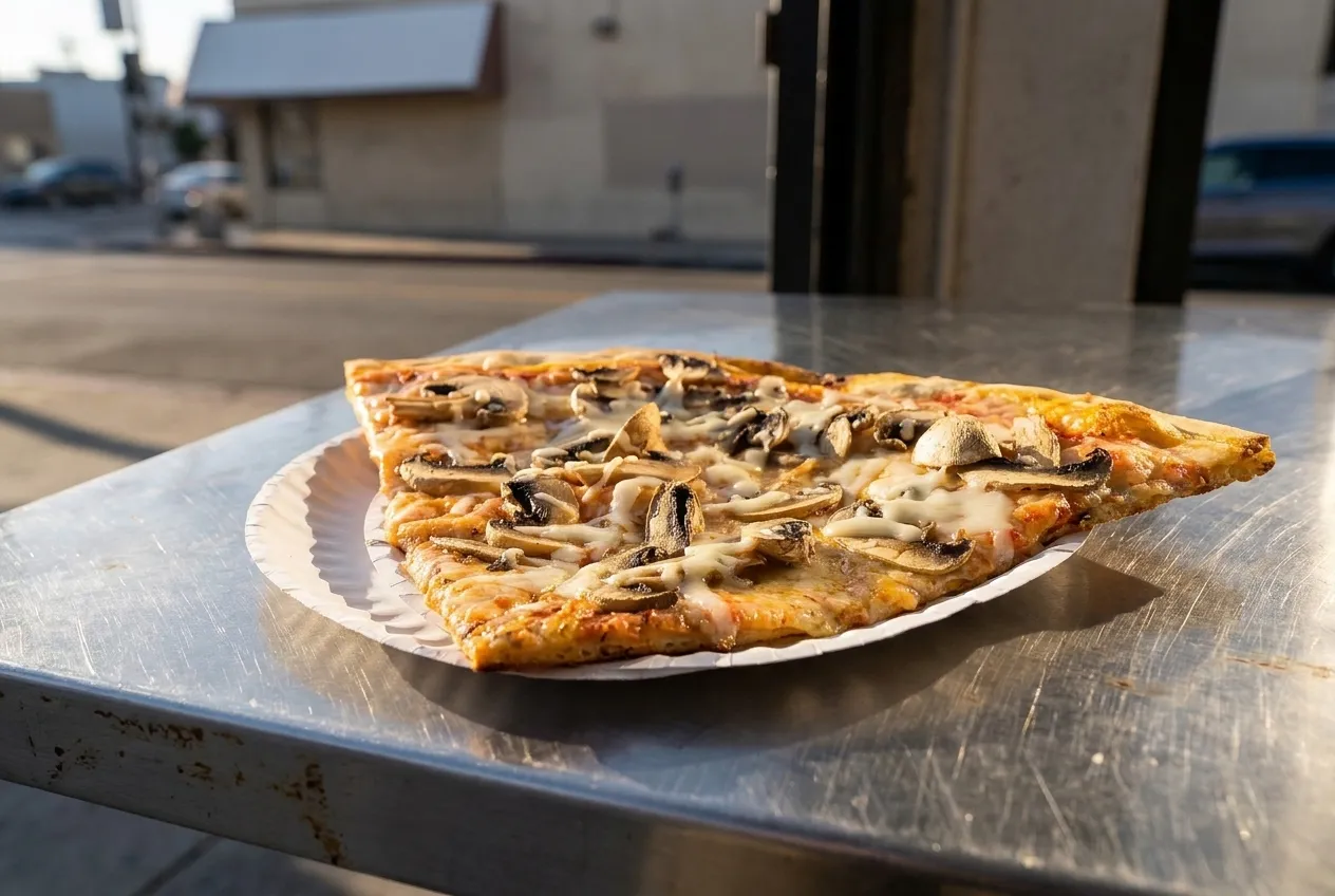 A slice of pizza on a paper plate on a metal table