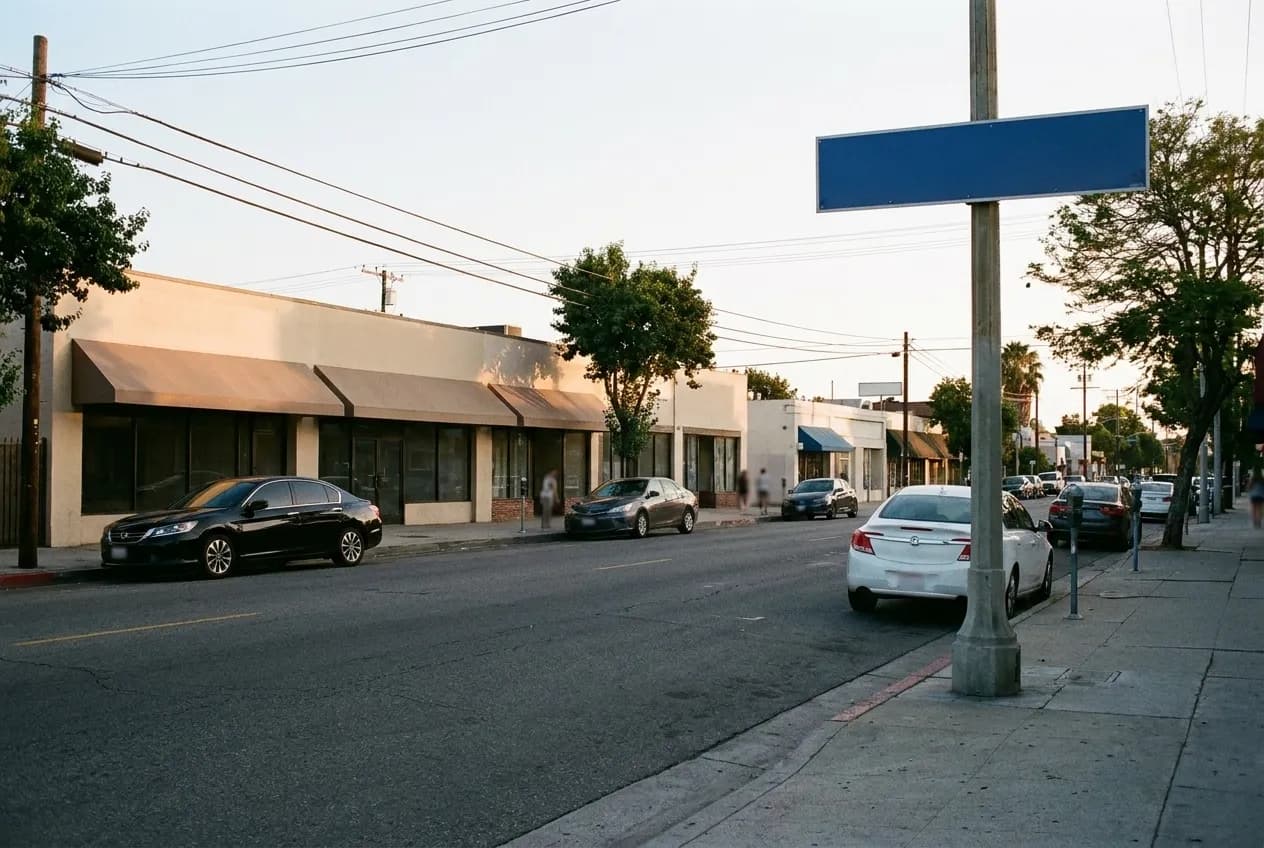A low commercial street in Los Angeles at dusk with single-storey shopfronts and parked cars