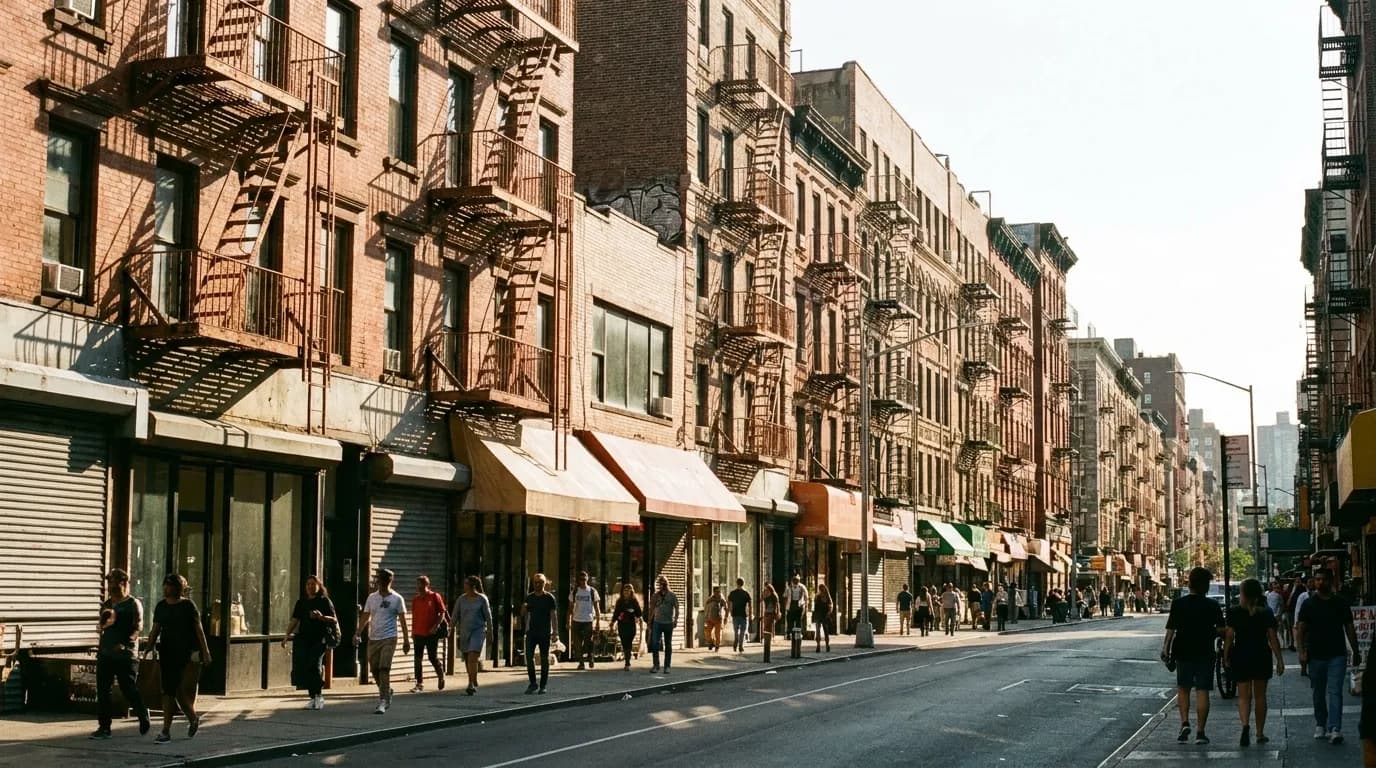 Sunlit New York downtown street lined with brick walk-ups and small storefronts along a walking slice-crawl route