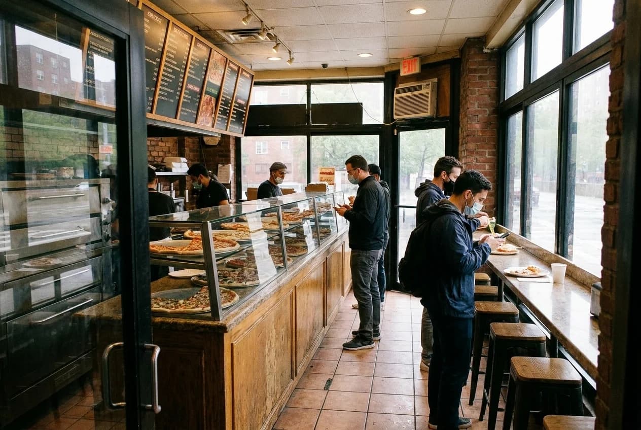 New York pizza shop interior with glass slice case, customers standing at counter eating slices on paper plates.