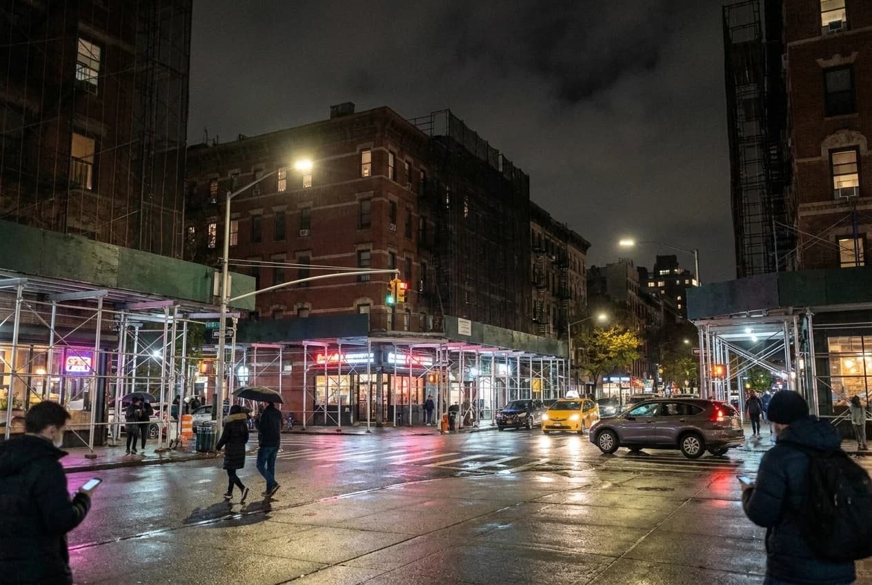 Avenue A at night in the East Village, wet pavement reflecting neon storefront signs and streetlights.