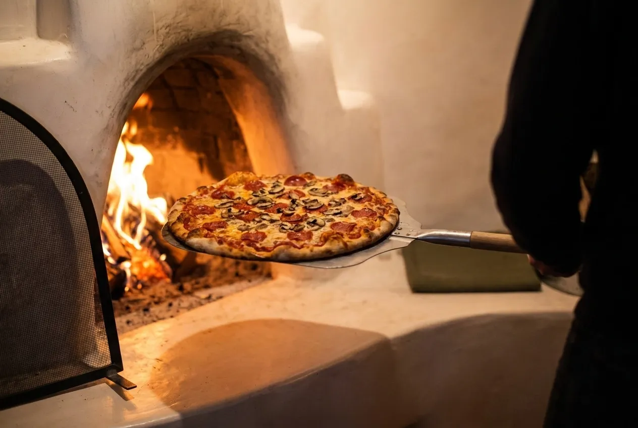 A pizza being lifted from a wood oven on a long metal peel