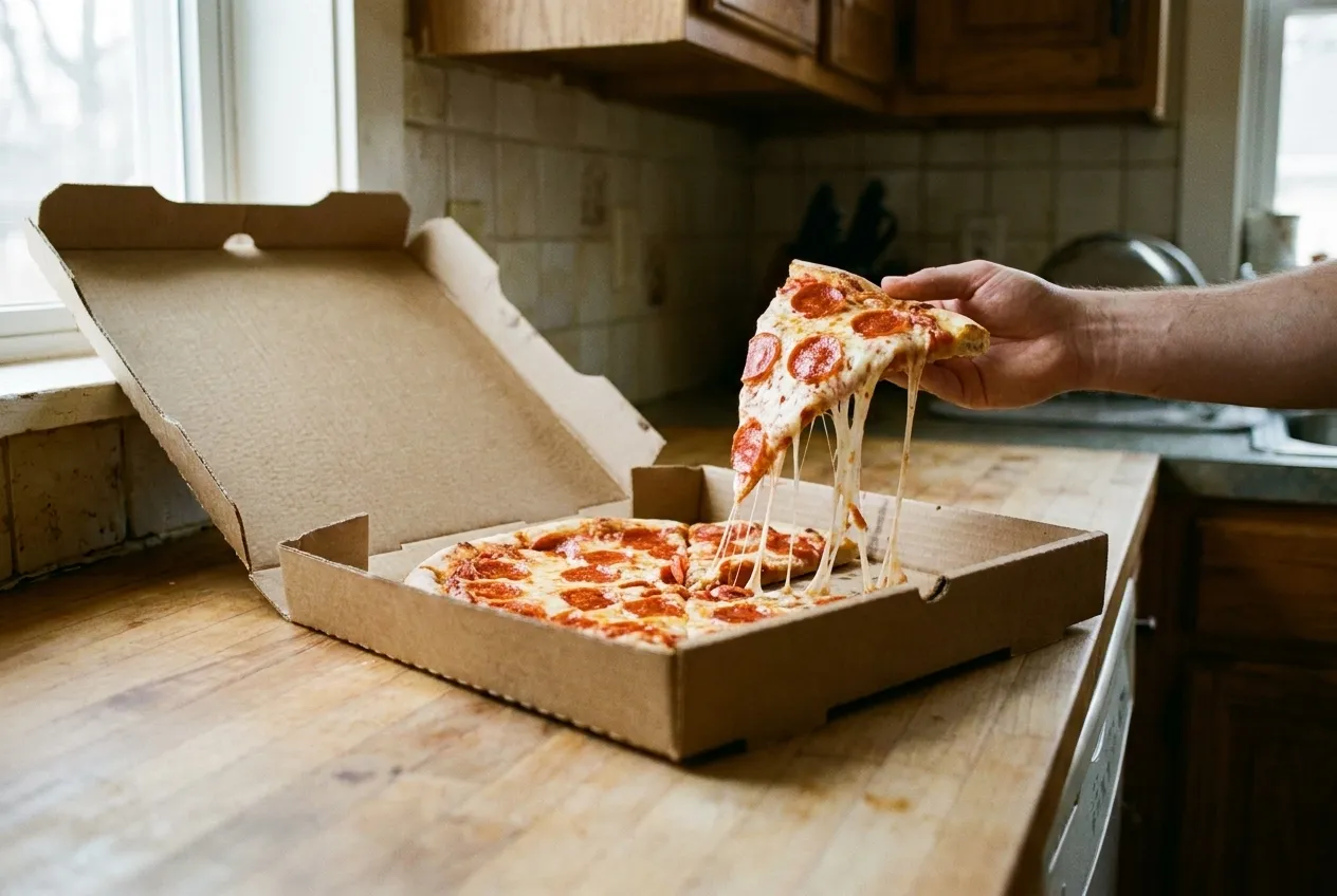 An open cardboard pizza box on a kitchen counter under overhead light, one slice lifted and the cheese pulling away in strands