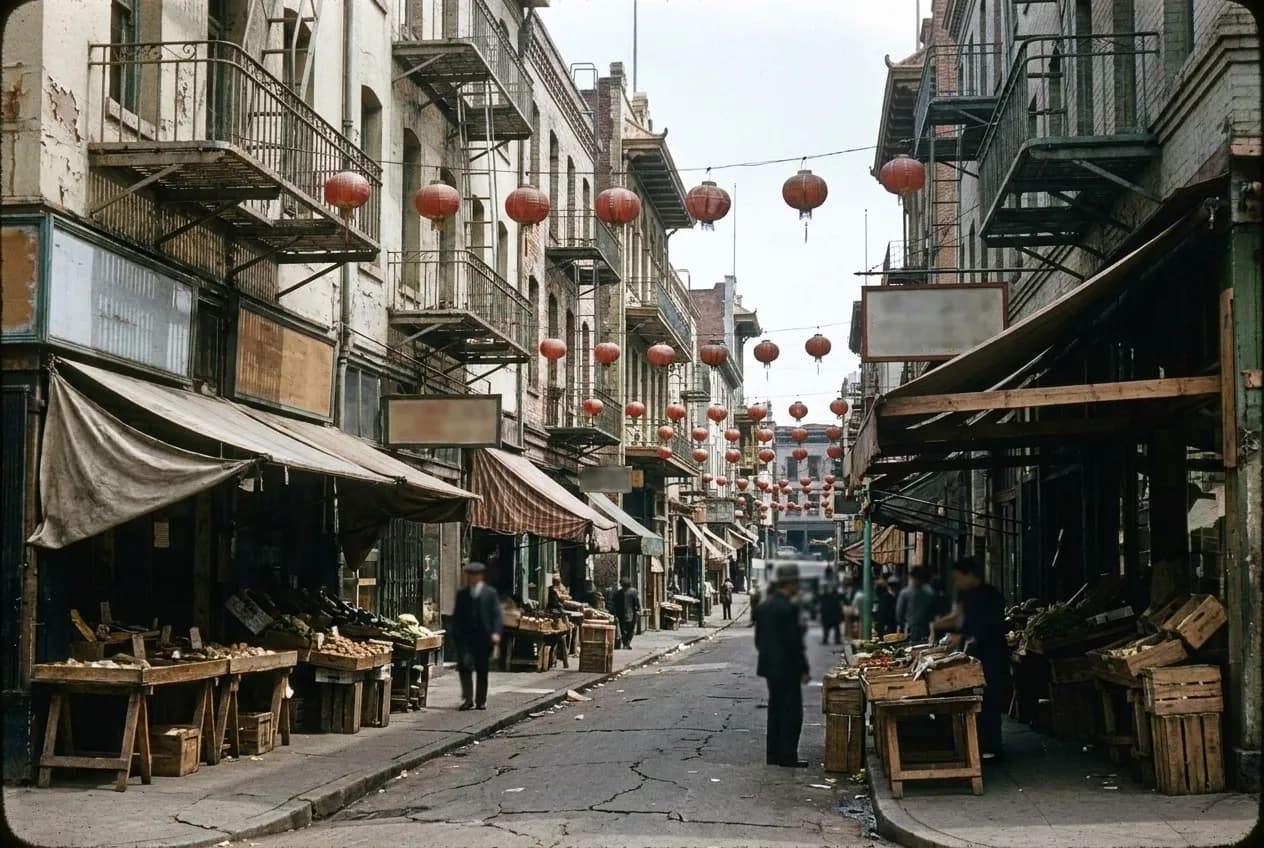 A narrow San Francisco street lined with balconied buildings and strings of red lanterns overhead, shopfront awnings crowding the pavement below