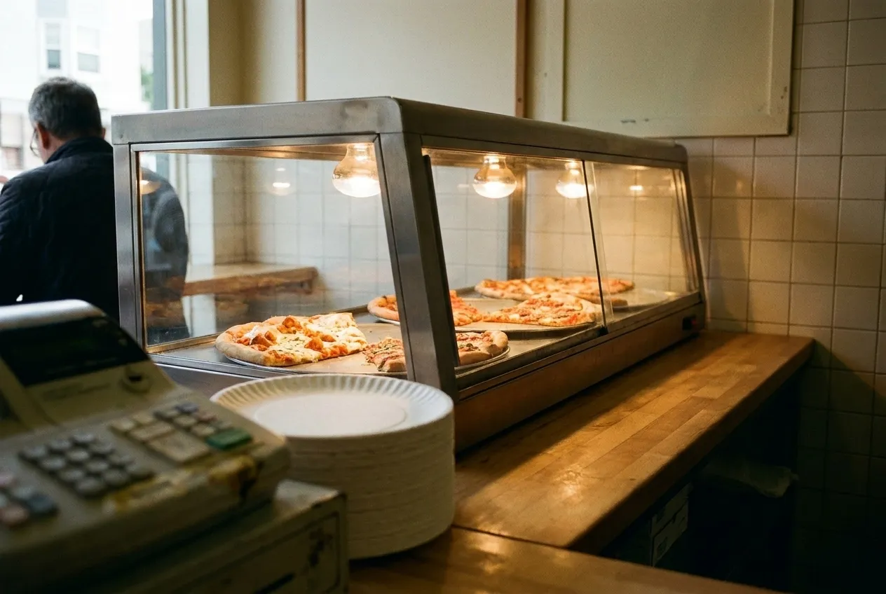 A takeaway counter seen from the customer side, a warming case at elbow height and a stack of paper plates beside the till
