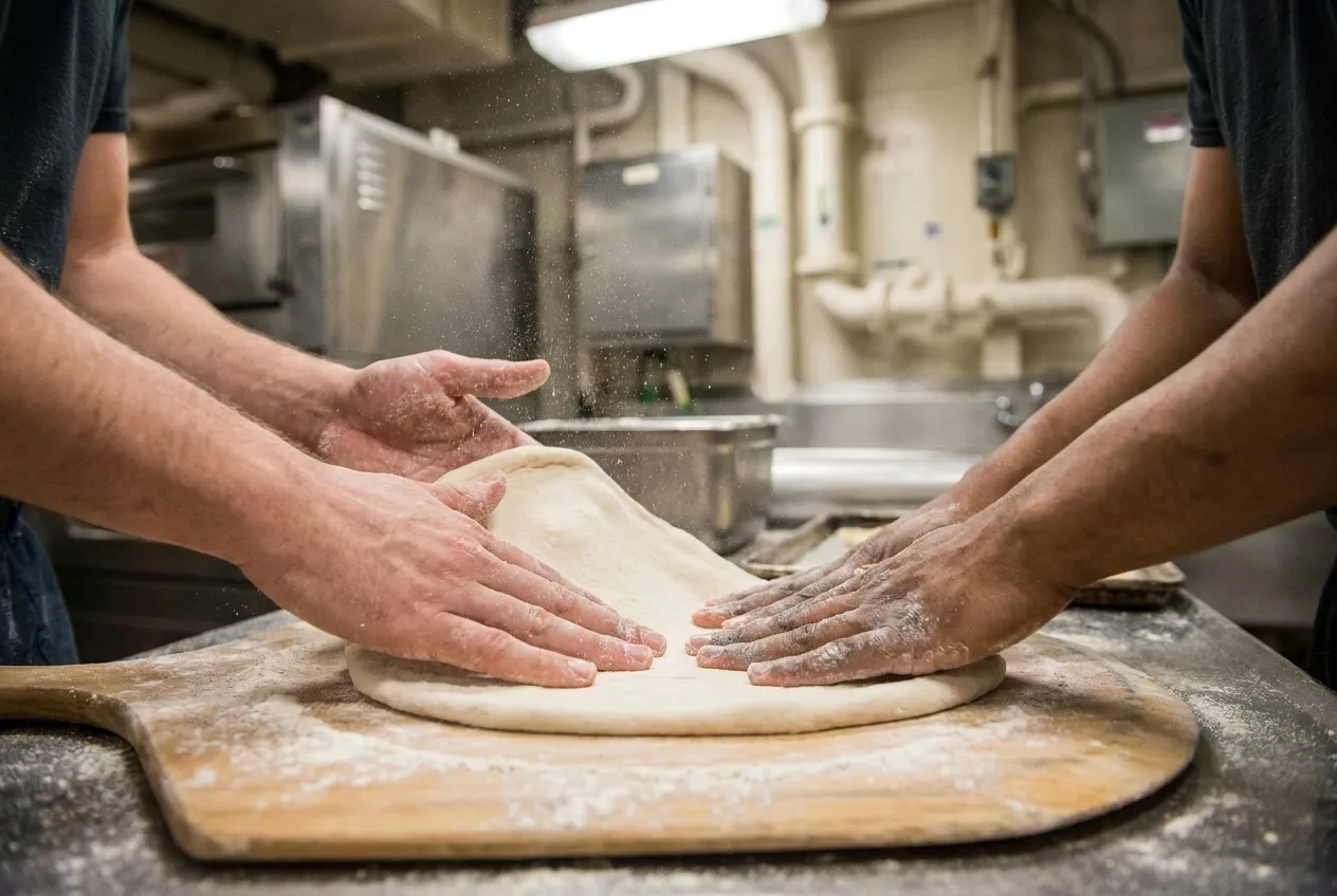 Two hands pressing a disc of pizza dough outward on a flour-dusted wooden board, flour hanging in the light above the bench