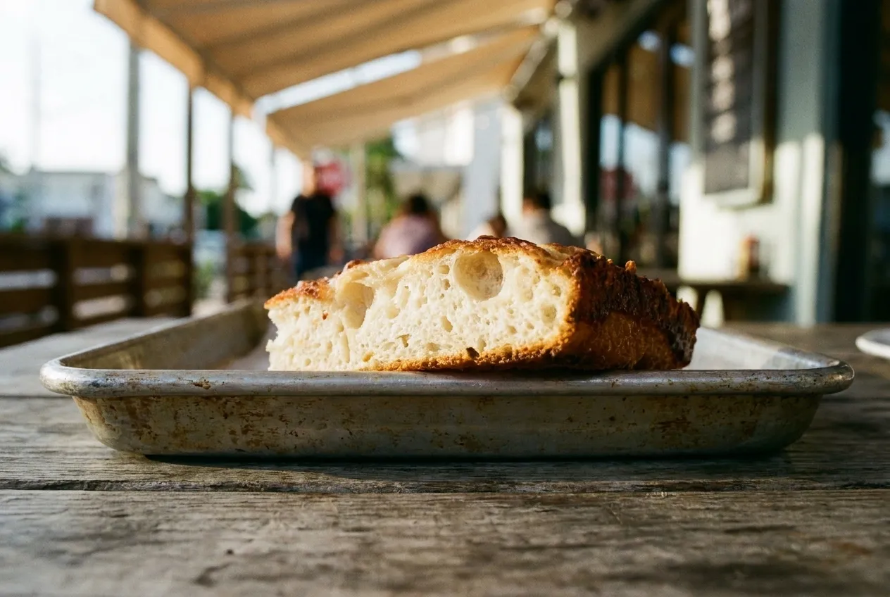 A thick square of pizza with a pale open crumb and a dark fried base, cut and photographed from the side on a metal tray
