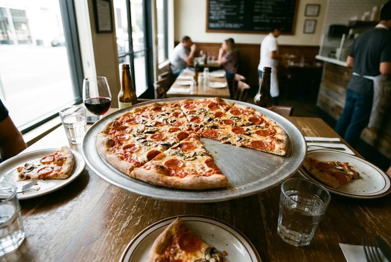 A whole pizza on a metal tray in the middle of a table seen from above, small plates and glasses arranged around it