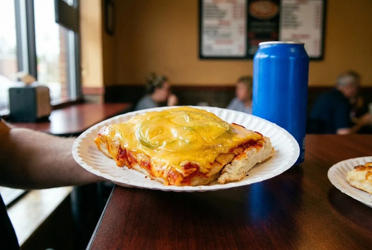 A square of Sicilian pizza on a paper plate held over a counter