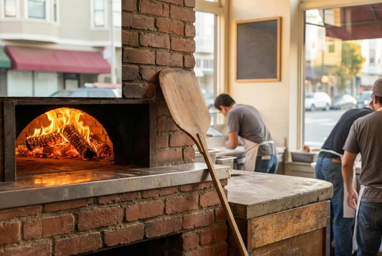 A wood-fired pizza oven mouth with flames and a peel resting against it