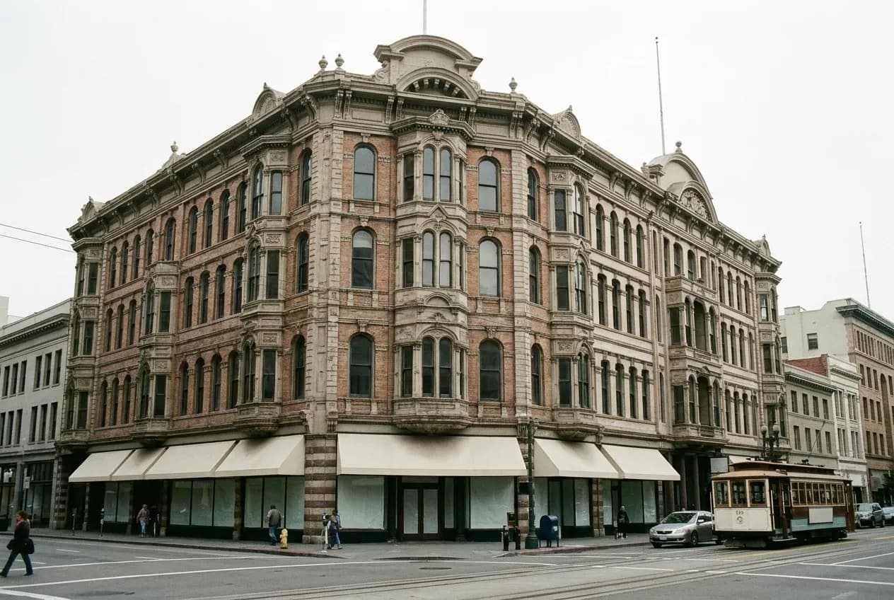A row of shopfronts on a flat San Francisco commercial street in daylight