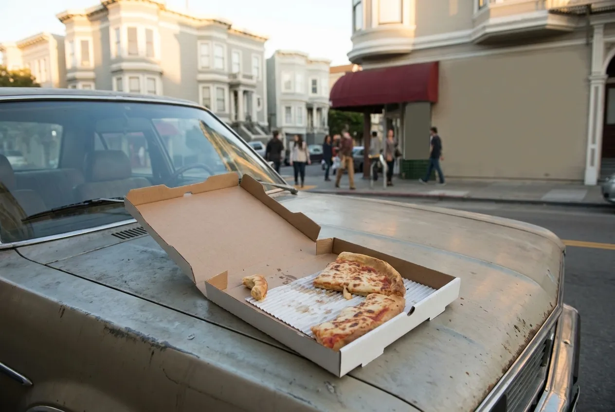 A pizza box open on a car bonnet with two slices missing