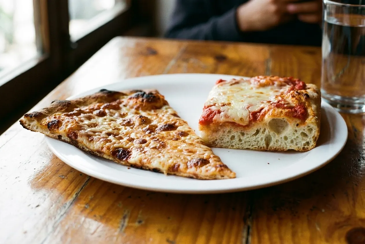 Two contrasting slices of pizza on the same plate, one thin and wide with browned cheese, the other thick and square with a pale open crumb