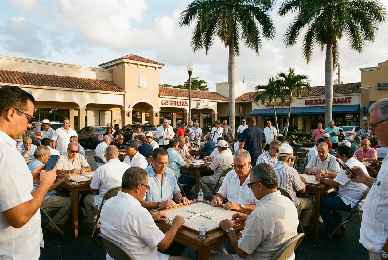Outdoor seating and domino tables on Calle Ocho in Little Havana, Miami