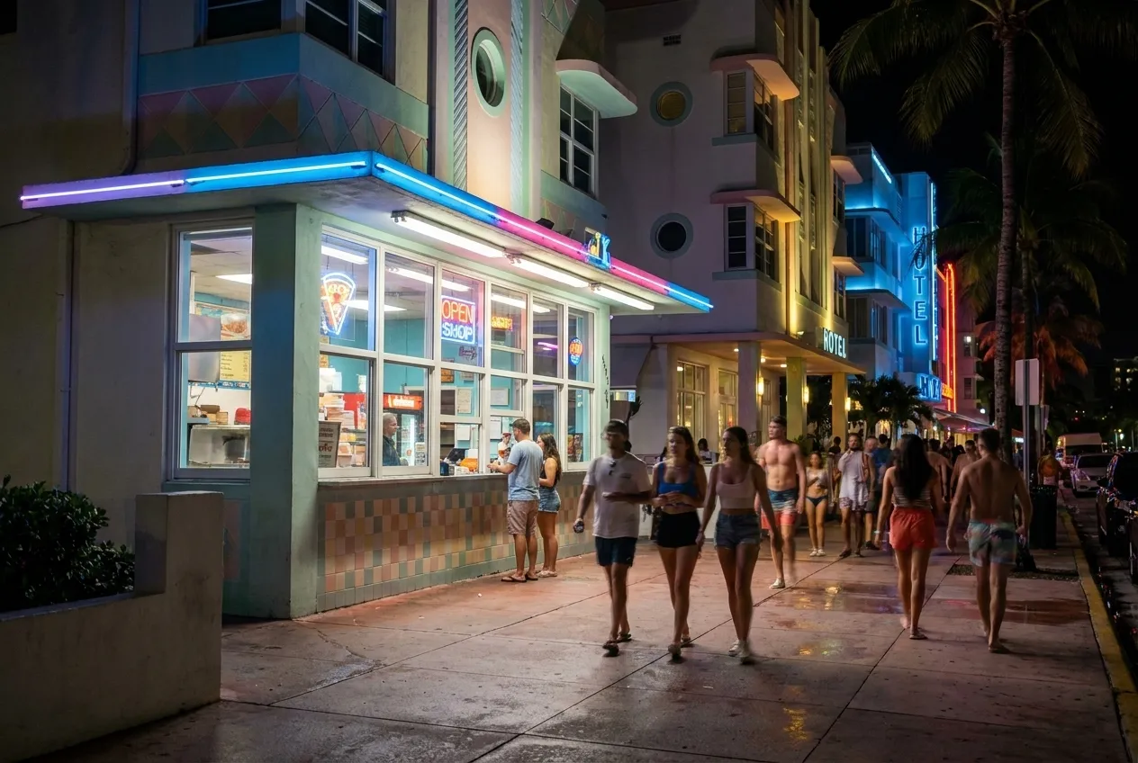 Neon-lit South Beach pizza shop exterior with palm trees and art deco facades visible along Collins Avenue under night sky