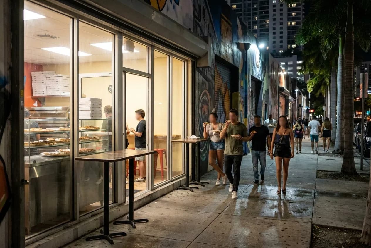 Brightly lit pizza counter with glass display cases and stacks of white boxes under fluorescent lighting on a Miami street at night