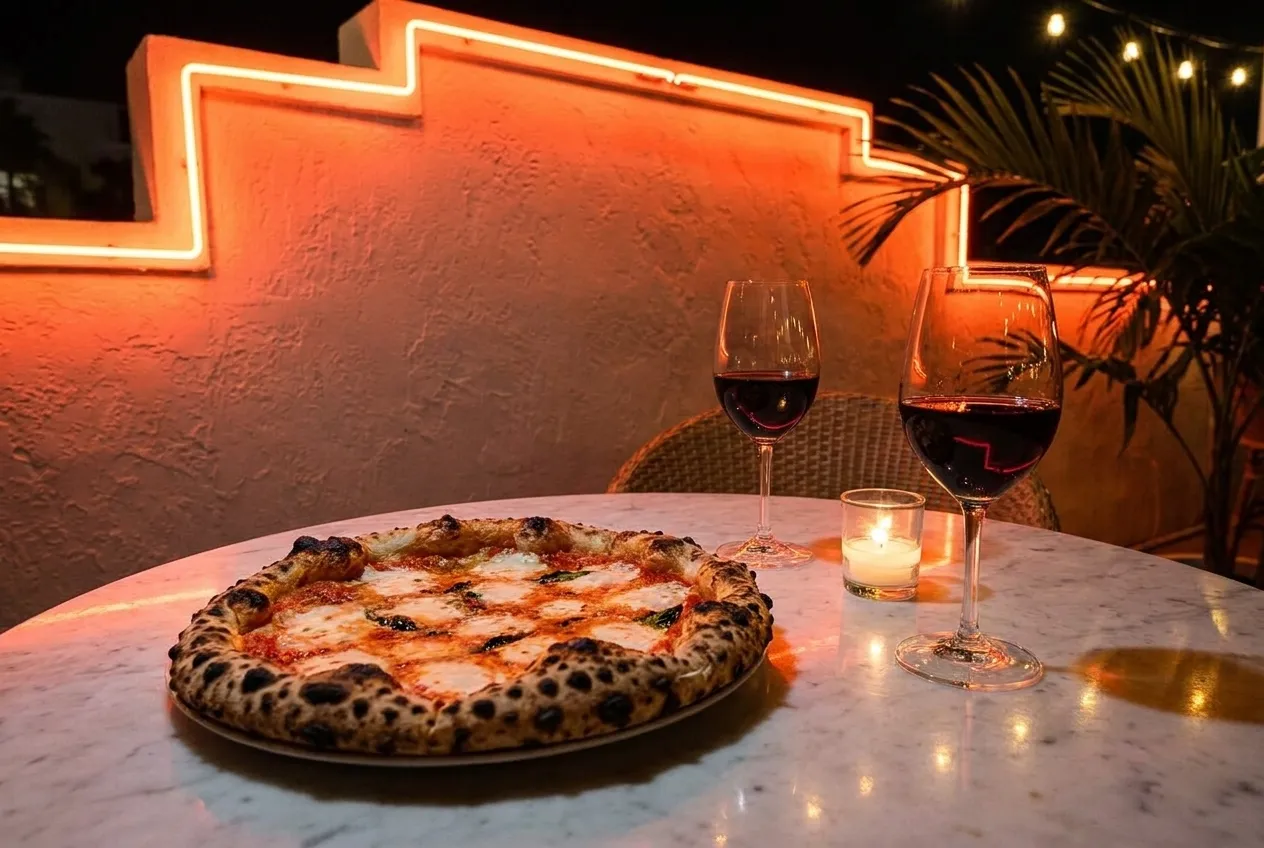 A wood-fired pizza with charred crust and fresh basil on a marble tabletop, with wine glasses and a candle glowing in dim Miami evening light.
