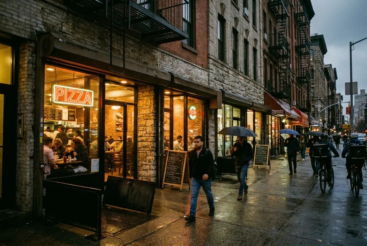 A late-night street view along Ninth Avenue in Hell's Kitchen, showing illuminated pizzeria storefronts and pedestrians walking past brightly lit windows with menu boards visible.